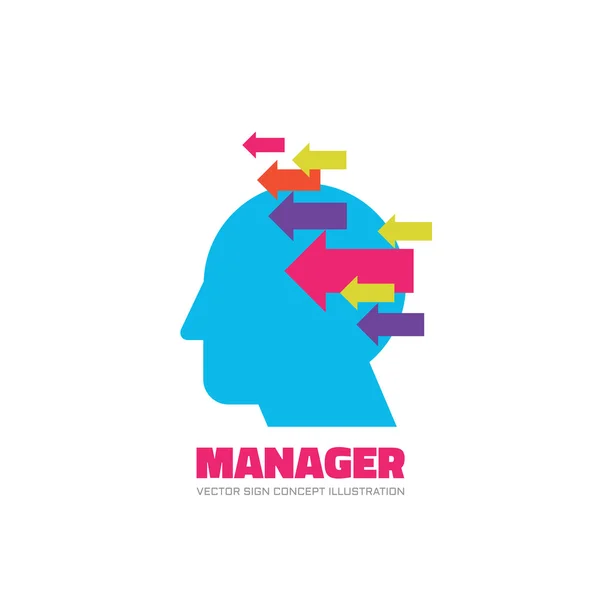 Manage vector logo concept illustration. Creative idea logo. Human head logo icon. Learning logo. Education logo sign. Thinking logo sign. Brain logo sign. Imagination logo design. Human head & arrows — Stock Vector