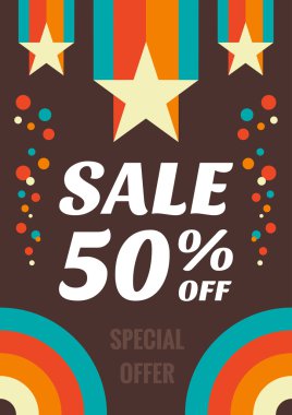 Vintage satış 50% kapalı vektör el ilanı. Retro tarzında Satış soyut vektör dikey afiş - özel teklif% 50 indirim. Satış vektör afişi. Satış soyut arka plan. Süper büyük satış tasarım düzeni.