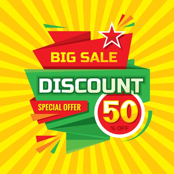 Discount 50 % off - advertising vector banner in origami retro style. Big sale vector layout. Special offer concept sticker. — Stock Vector