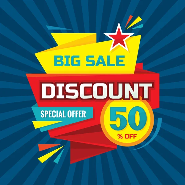 Desconto 50% off - banner vetor de publicidade no estilo retro origami. Layout vetorial de venda grande. Conceito de oferta especial adesivo . — Vetor de Stock