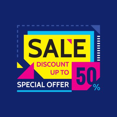 Satış - %50'ye varan indirim - özel teklif - soyut promosyon vektör afişi. Satış indirim konsepti düzeni. Reklam baskı posteri veya el ilanı için tasarım öğesi.