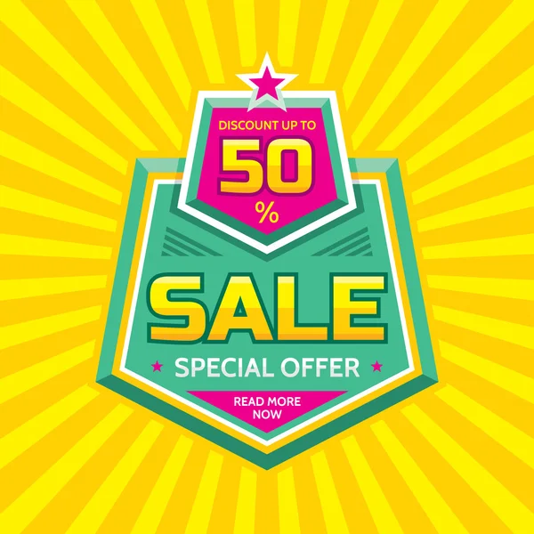 Venta de banner vectorial - descuento hasta 50%. Diseño de concepto de oferta especial. Lee más ahora. Venta de diseño de insignia creativa. Venta diseño de descuento etiqueta engomada . — Vector de stock