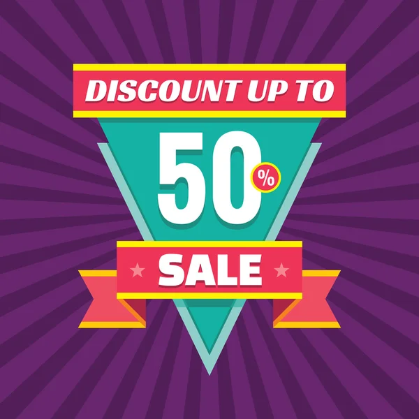 Venta descuento hasta 50% vector banner concepto ilustración. Venta diseño de vectores. Venta insignia triángulo con cinta. Pegatina de descuento . — Vector de stock