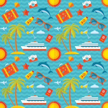 Düz stil tasarım yaz tatili vektör arka plan dikişsiz desen. Seyahat vektör arka plan sorunsuz desen. Deniz tatil vektör arka plan sorunsuz desen. Tasarım öğeleri.