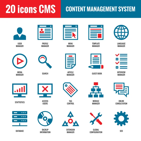 CMS - Content Management System - 20 icone vettoriali. SEO - Icone vettoriali di ottimizzazione dei motori di ricerca. Icone vettoriali della tecnologia internet del sito web. Icone vettoriali del computer . — Vettoriale Stock