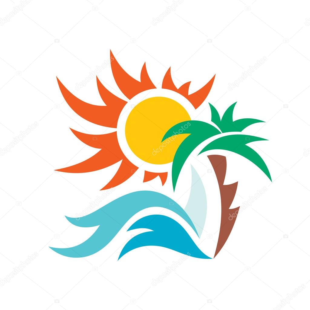 Summer travel vacation vector logo concept illustration. Paradise beach color graphic sign. Sea resort logo sign. Sun, palm, sea waves and sail.