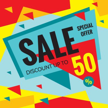 Satılık vektör banner - % 50 indirim. Özel Fırsat vektör düzeni. Satılık soyut reklam banner tasarımı.