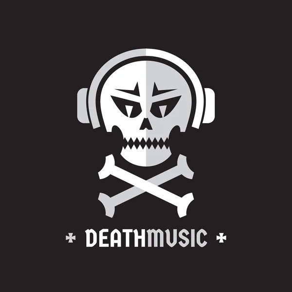 Death music - vector logo template concept illustration (en inglés). Cráneo humano con auriculares signo. Elemento de diseño . — Vector de stock