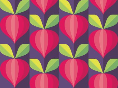 Arka plan sebzeleri. Orta-yüzyıl modern sanat vektörü. Soyut geometrik dikişsiz desen. Eski moda tasarım düz stil dekoratif süs. Sebze bahçesi hasadı.