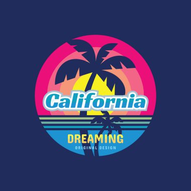Kaliforniya rüyası- Tişört ve diğer tasarım baskı yapımları için konsept logo vektör çizimi. Yaz, gün batımı, avuçlar, sörf, deniz dalgaları. Tropik cennet. Long Beach. 