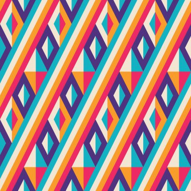 Soyut geometrik vektör arkaplan tasarımı. Grafiksel desen kusursuz. Kırmızı, mavi, turuncu parlak renkler. Çapraz çizgiler. 