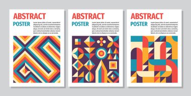 Soyut poster geometrik arkaplan tasarımı. Dikey pankart ayarlandı. Düzen düzeni. Dekoratif süs mozaiği. Vektör illüstrasyonu.  