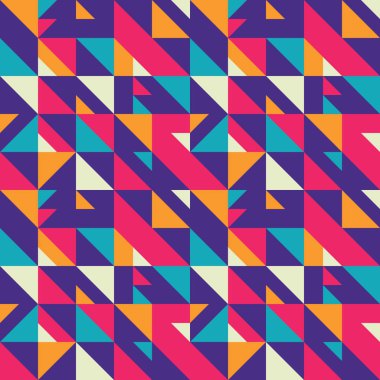 Soyut geometrik vektör arkaplan tasarımı. Grafiksel desen kusursuz. Dekoratif mozaik süsü. Parlak canlı renkler. Üçgen şekiller.