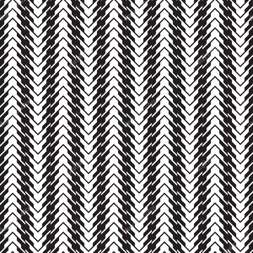 Abstract geometric background design. Black stripes and blocks on white background. Monochrome graphic seamless pattern. Zigzag optical illusion. Vector illustration. 