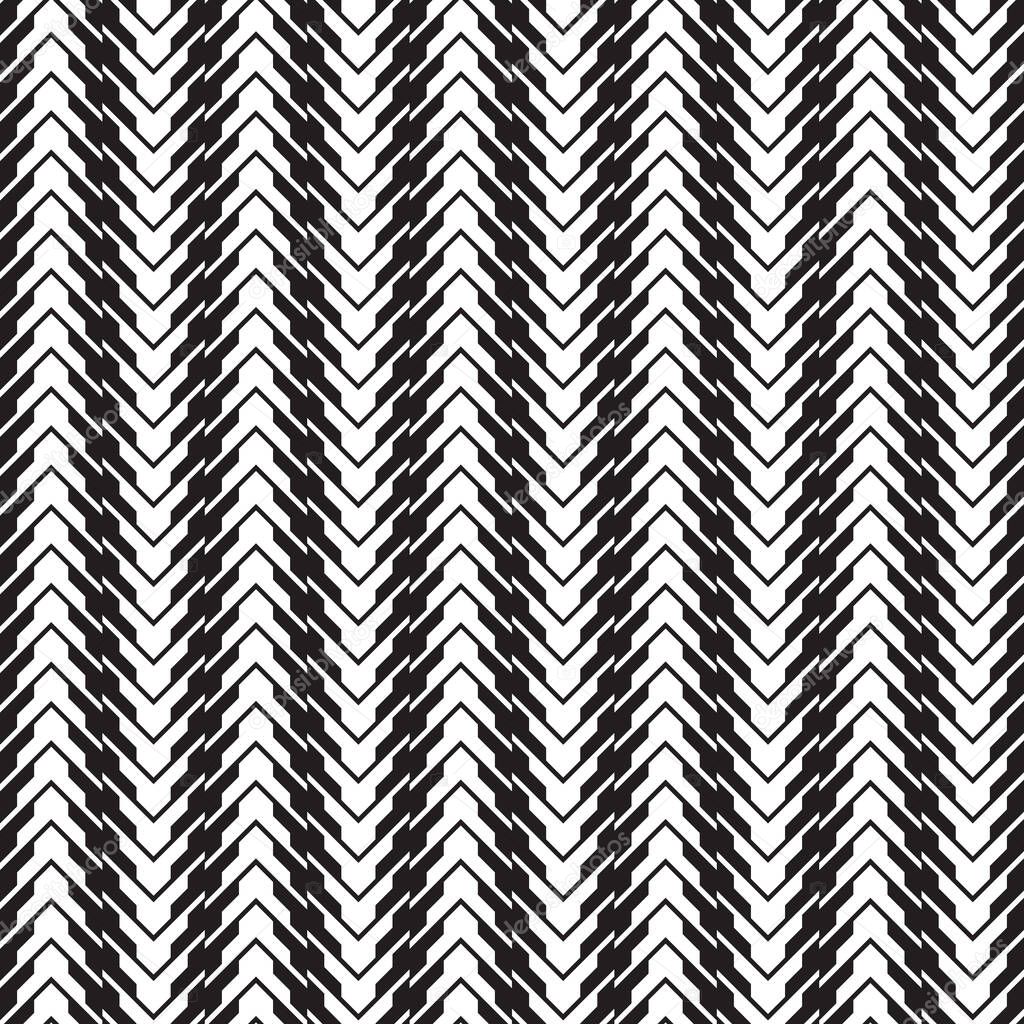 Abstract geometric background design. Black stripes and blocks on white background. Monochrome graphic seamless pattern. Zigzag optical illusion. Vector illustration.
