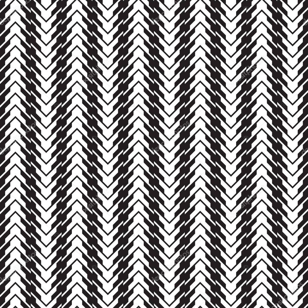 Abstract geometric background design. Black stripes and blocks on white background. Monochrome graphic seamless pattern. Zigzag optical illusion. Vector illustration. 