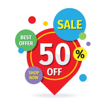 Satış afişi tasarımı. İndirim% 50 'ye çıktı. Özel fiyat. Beyaz arka planda soyut reklam afişi. Giriş kartı çıkartması. Vektör illüstrasyonu. 