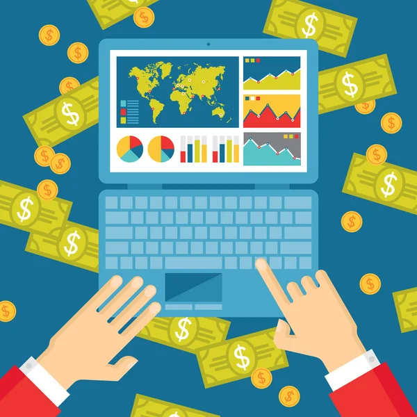 Menselijke handen met laptop, infographics en dollars geld — Stockvector