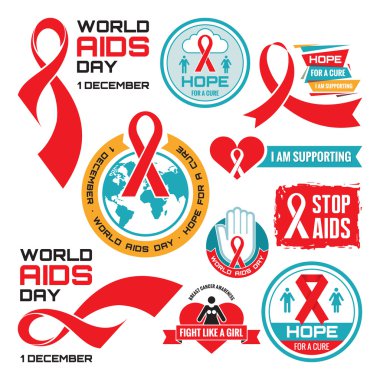 AIDS - vektör rozetleri koleksiyonu. Dünya AIDS Günü - 1 Aralık.