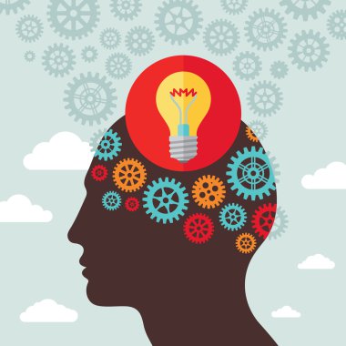 Baş fikir insan - vektör konsept illüstrasyon iş sunusu, broşür, web sitesi ve diğer projeler için düz tasarım tarzında. İnsan kafası ampul, Dişliler ve bulutlar. Infographic kavramı.