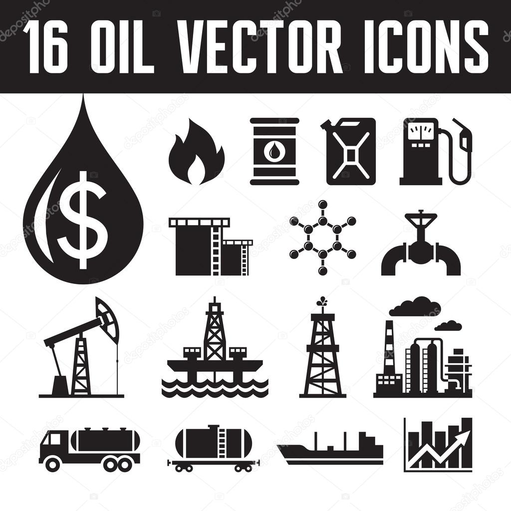 16 oil industry vector icons for infographic, business presentation, booklet and different design project. Production, transportation and refining of oil - vector icons set.