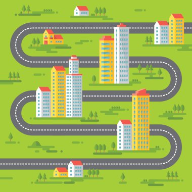 Binalar ve yol - vektör arka plan illüstrasyon düz stil tasarım. Bina yeşil zemin üzerine. Gayrimenkul, cityscape, manzara vektör çizim. Tasarım öğeleri.