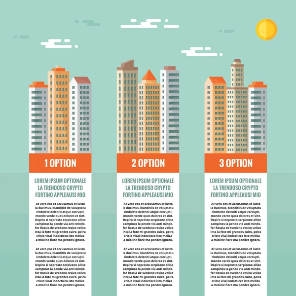 Épületek - infografikus vektor koncepció. Számozott lehetőségek, függőleges blokkok. Épületek illusztráció lapos design stílusban. Ingatlan infografika koncepció - számozott opciós blokkok. Tervezési elemek. — Stock Vector