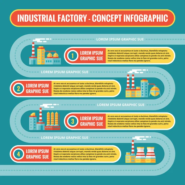 Fabbrica industriale - concetto di business infografico in stile flat design per presentazione, opuscolo, sito web e altri progetti. Modello vettoriale infografico. Opzioni numerate dei passaggi . — Vettoriale Stock