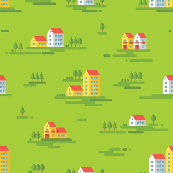 Landscape with buildings - vector background seamless pattern in flat style design. Buildings on green background. Real estate, cityscape, landscape seamless vector pattern background. — Stock Vector