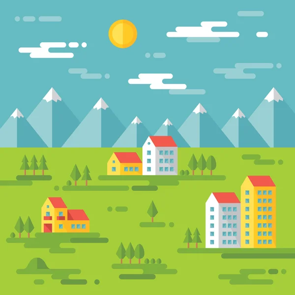 Landscape with buildings - vector background illustration in flat style design. Buildings on green background. Real estate, cityscape, landscape vector illustration. Design elements. — Stock Vector