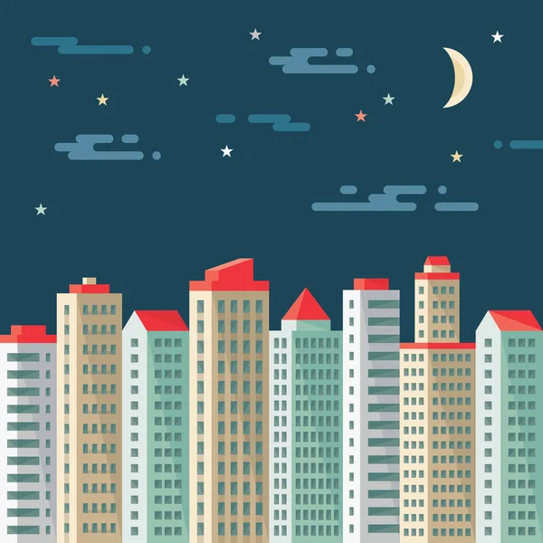 Paisaje urbano nocturno - edificios abstractos - ilustración de concepto vectorial en estilo de diseño plano. Ilustración de apartamento inmobiliario.Archit ecture megalopolis. Paisaje urbano fondo oscuro. Elementos de diseño . — Vector de stock