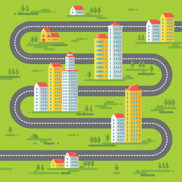 Edificios y carretera - ilustración de fondo vectorial en diseño de estilo plano. Edificios sobre fondo verde. Bienes raíces, paisaje urbano, ilustración de vectores de paisaje. Elementos de diseño . — Vector de stock