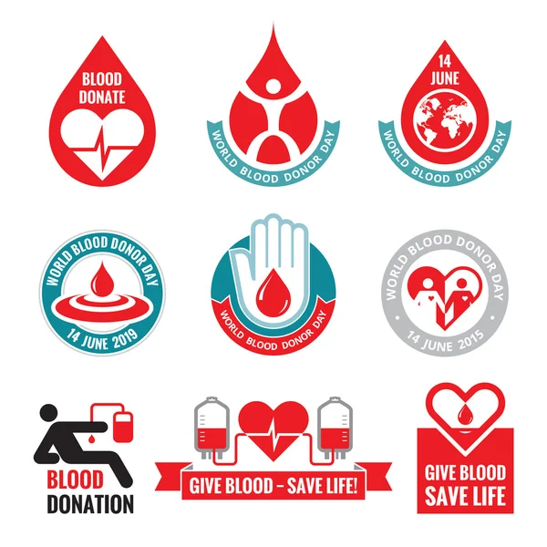 Doação de sangue - vetor logotipo distintivos coleção. Dia mundial do doador de sangue - 14 de junho. Ilustração da gota de sangue e coração. Sangue doar conjunto vetorial. Elementos de projeto . — Vetor de Stock