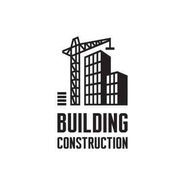 Building construction logo illustration. Crane and building construction illustration concept in black & white colors. Real estate logo. Vector logo template. Reconstruction web page. Design element.