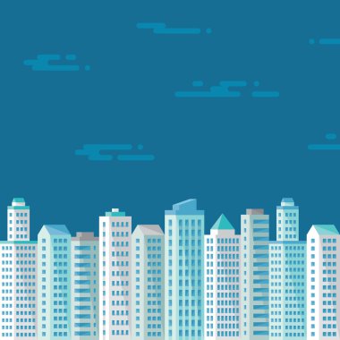 Cityscape sunu, kitapçık, broşür ve farklı tasarım için düz stilde mavi arka plan üzerinde çalışıyor. Binalar konsept illüstrasyon. Şehir illüstrasyon. Emlak vektör arka plan.