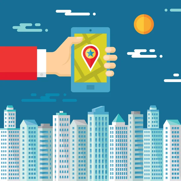 Smartphone con mapa y ubicación en mano humana sobre el fondo de la ciudad para presentación y diferentes trabajos de diseño. Concepto de vector de ubicación en estilo de diseño plano. Elemento de diseño . — Vector de stock