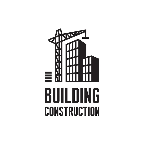 Building construction logo illustration. Crane and building construction illustration concept in black & white colors. Real estate logo. Vector logo template. Reconstruction web page. Design element. — Stock Vector