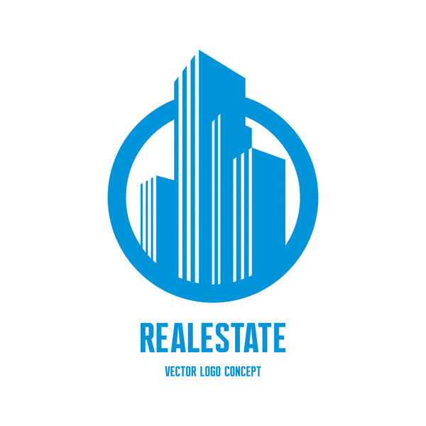 Real estate logo concept illustration. Building logo in classic graphic style. Cityscape logo. Abstract vector logo of buildings. Skyscrapers logo. Vector logo template. Design element.