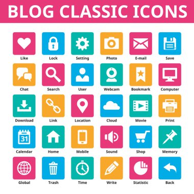 Blog Klasik simgeler. Vektör simgeler kümesi. Düz renk en az simgeler. Sosyal Medya Icons set vektör. Tasarım öğesi.