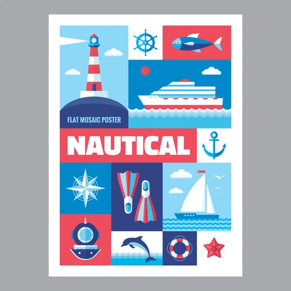 Nautical - poster mosaik dengan ikon bergaya desain datar. Vektor ikon ditetapkan. Set ikon laut. Rancangan elemen . - Stok Vektor