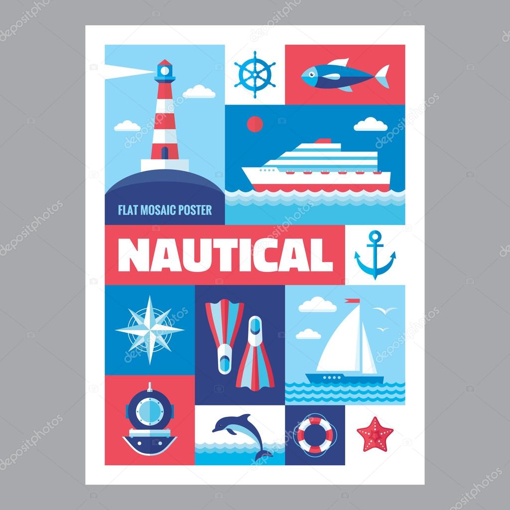 Nautical - mosaic poster with icons in flat design style. Vector icons set. Set of icons marine. Design elements.