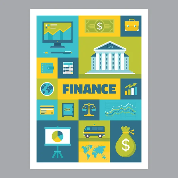 Finance - affiche en mosaïque avec des icônes de style design plat. Icônes vectorielles réglées. Financer des illustrations plates. Éléments de conception . — Image vectorielle