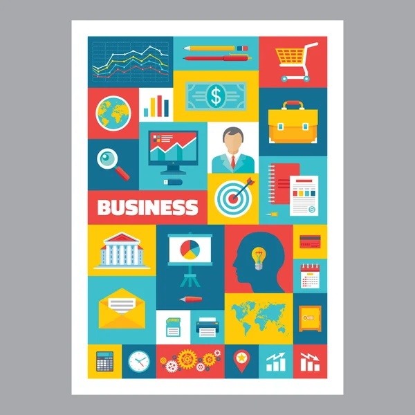 Business - mosaik affisch med ikoner i platt designerstil. Vektor ikoner set. Business platt illustrationer. Designelement. — Stock vektor