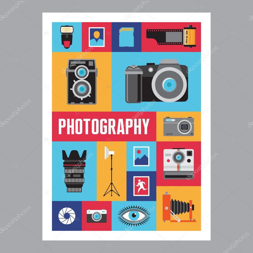 Photography - mosaic flat design poster. Vector icons set.