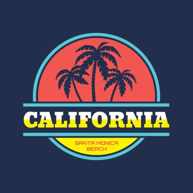 California - Santa Monica beach - vector illustration concept in vintage graphic style for t-shirt and other print production. Palms, wave and sun vector illustration. Design elements. clipart