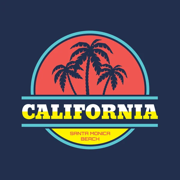 California - Santa Monica beach - vector illustration concept in vintage graphic style for t-shirt and other print production. Palmeras, onda e ilustración del vector solar. Elementos de diseño . — Vector de stock