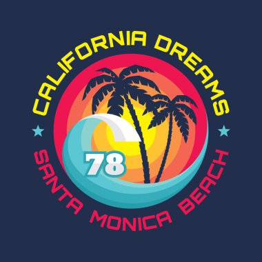 California - Santa Monica beach - vektör illüstrasyon kavramı t-shirt ve diğer baskı üretimi için vintage grafik tarzı. Avuç içi, dalga ve güneş illüstrasyon vektör. Tasarım öğeleri.