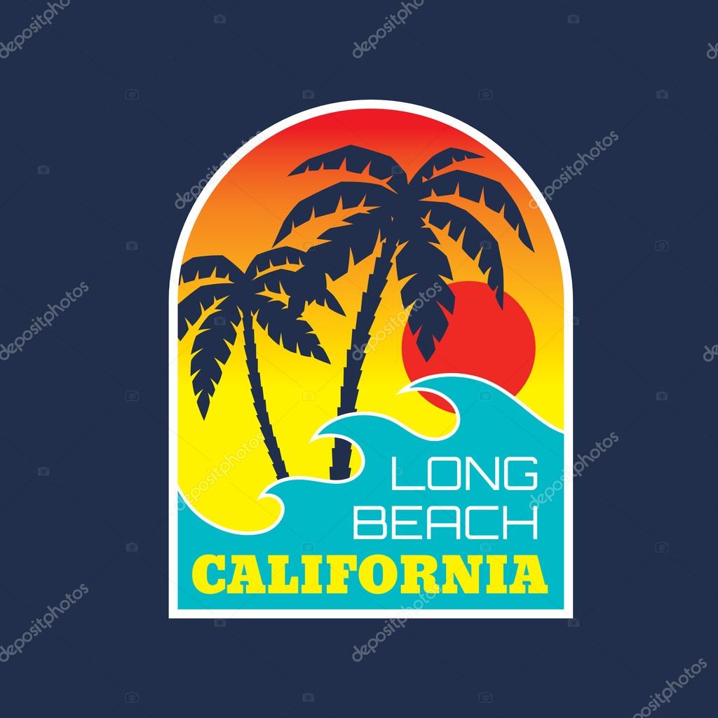 California Long Beach - vector illustration concept in vintage graphic style for t-shirt and other print production. Palms, wave and sun vector illustration. Design elements.