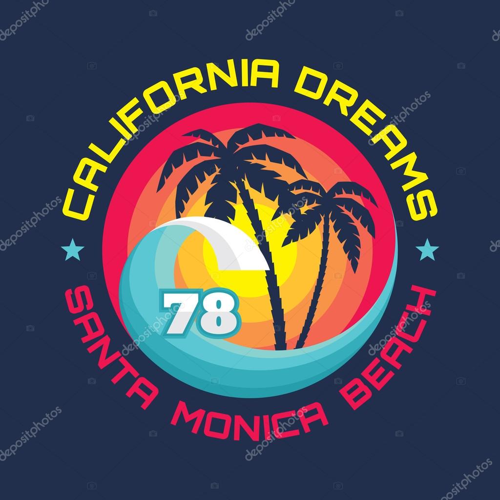 California - Santa Monica beach - vector illustration concept in vintage graphic style for t-shirt and other print production. Palms, wave and sun vector illustration. Design elements.