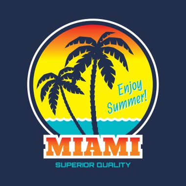 Miami - vektör illüstrasyon kavramı t-shirt ve diğer baskı üretimi için vintage grafik tarzı. Avuç içi, dalga ve güneş illüstrasyon vektör. Tasarım öğeleri.